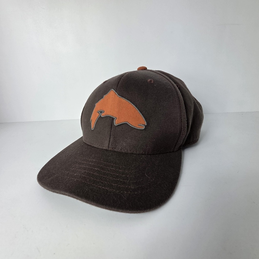 Simms Hat Fish Brown 110 Flexfit Baseball Cap One Size Snapback Logo Outdoor
